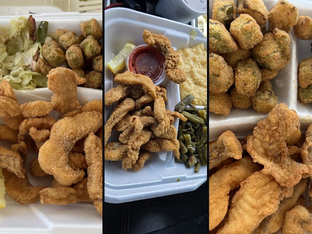 Fried seafood served with sides and dipping sauces.