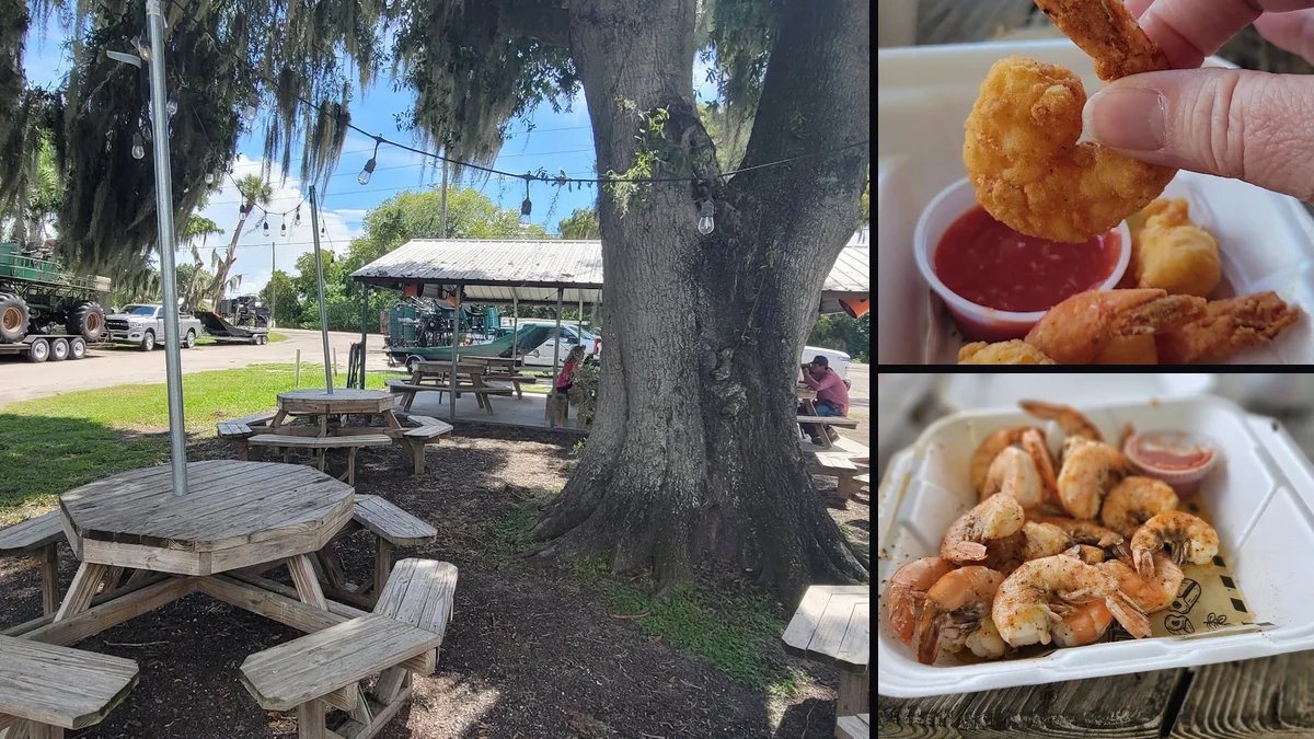 Fried seafood served with sides and dipping sauces.
