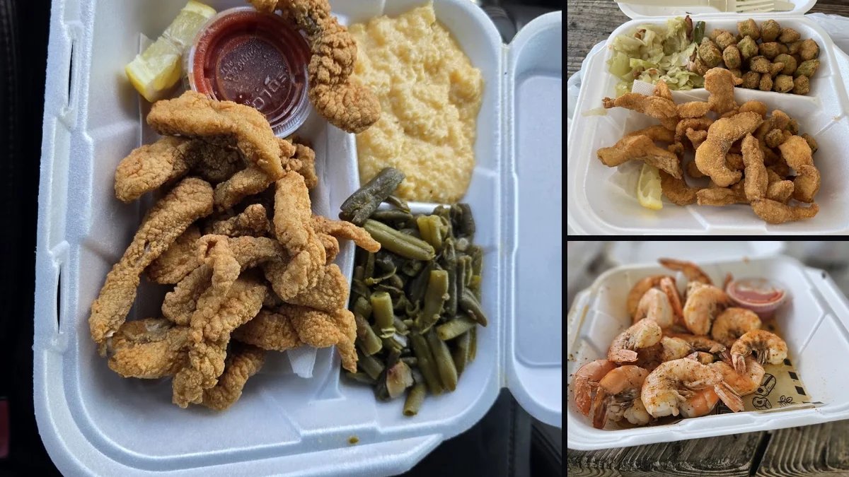 Fried seafood served with sides and dipping sauces.