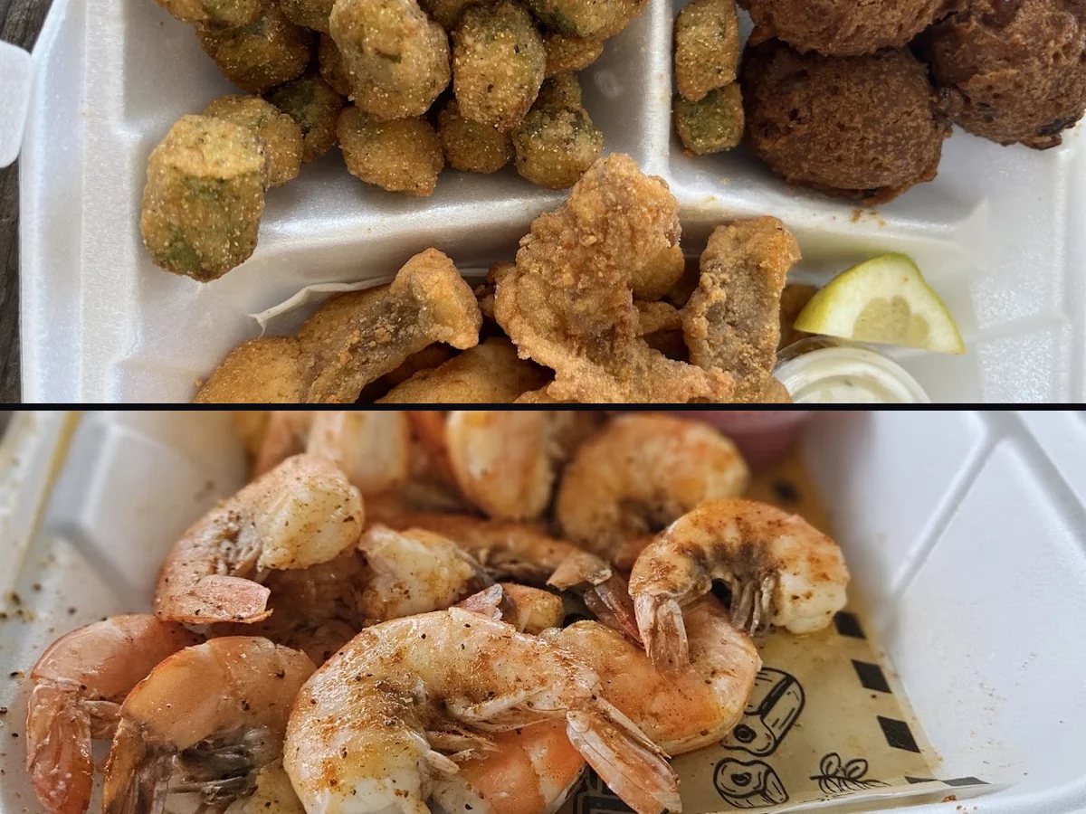 Seafood plates on a casual restaurant table.